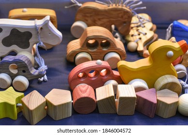 various wooden toys as a gift, eco-friendly and safe handmade products for children development and learning - Shutterstock ID 1846004572