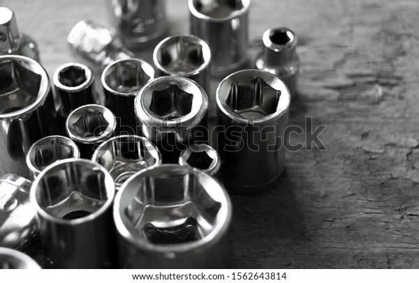Various wrench heads and tips. Socket\
wrench toolbox. Toolbox, tools kit detail close\
up