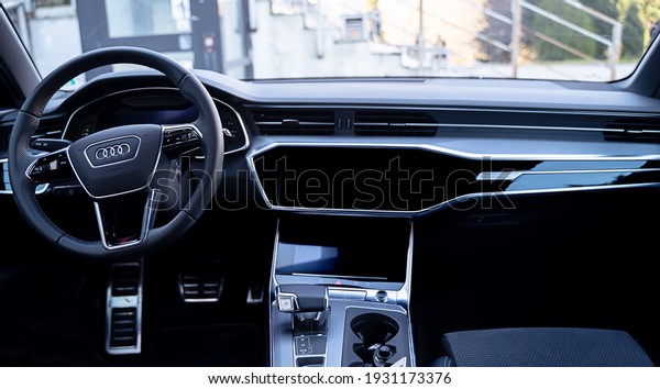 Varna, Bulgaria 07 Jan 2021, Audi\
A6 S line C8 Fifth generation interior dashboard\
navigation.