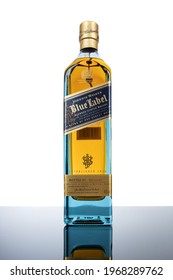 VARNA, Bulgaria - APRIL 30, 2021: Bottle of Johnnie Walker Blue Label, luxury whiskey. Johnnie Walker is a brand of Scotch whisky now owned by Diageo