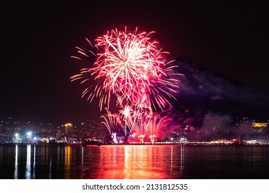 Varna, Bulgaria - August 16th 2021. Fireworks of the day of Varna town located in Bulgaria.