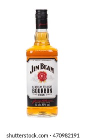 VARNA, BULGARIA - AUGUST 17.2016: Photo of a bottle of Jim Beam Bourbon, isolated on white. Jim Beam is an American brand of bourbon whiskey produced in Kentucky.