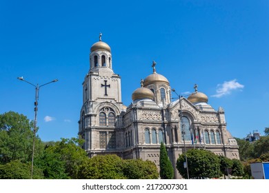 Varna, Bulgaria - August 28 2020: The Dormition of the Mother of God Cathedral in the city. Orthodox church that is one of the symbols of Varna