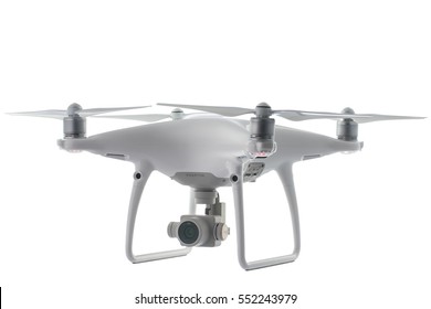 Varna, Bulgaria - January 05 ,2017: Flying drone quadcopter Dji Phantom 4Pro Optimized Vision Positioning System, isolated on white with clipping path