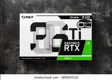 Varna, Bulgaria, January 08, 2021. Palit Nvidia Geforce RTX 3060 Ti Dual OC 8GB Gaming Graphics Card Box On A Dark Background. Modern Desktop Computer Hardware Components For Build And Upgrade.