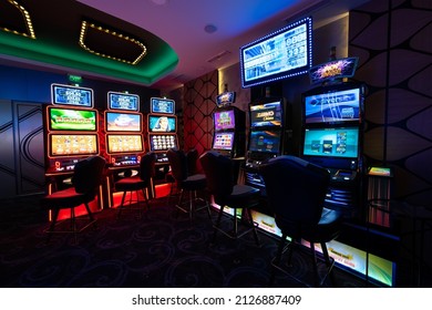 Varna, Bulgaria - June 29, 2020: View Of Casino Gaming Room Inside With Brightly Lit Slot Machines.