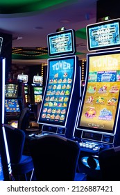 Varna, Bulgaria - June 29, 2020: View Of Casino Gaming Room Inside With Brightly Lit Slot Machines.