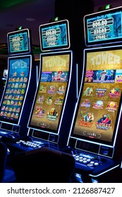 Varna, Bulgaria - June 29, 2020: View Of Casino Gaming Room Inside With Brightly Lit Slot Machines.