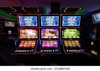 Varna, Bulgaria - June 29, 2020: View Of Casino Gaming Room Inside With Brightly Lit Slot Machines.