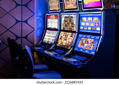 Varna, Bulgaria - June 29, 2020: View Of Casino Gaming Room Inside With Brightly Lit Slot Machines.