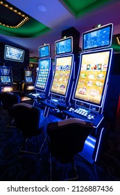 Varna, Bulgaria - June 29, 2020: View Of Casino Gaming Room Inside With Brightly Lit Slot Machines.