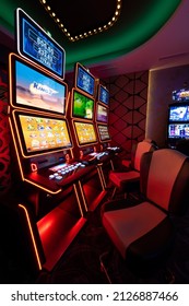 Varna, Bulgaria - June 29, 2020: View Of Casino Gaming Room Inside With Brightly Lit Slot Machines.