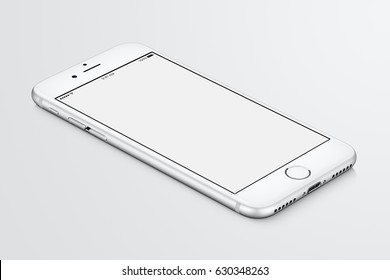 Varna, Bulgaria - March 10, 2016: Silver Apple IPhone 7 Mockup Lies On The Surface With White Blank Screen. High-quality Studio Shot.