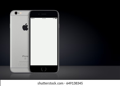 Varna, Bulgaria - March 10, 2016: Space Gray Apple IPhone 6S With White Blank Screen Mockup Front View And Back Side On Dark Gradient Background With Copy Space. Quick Iphon Mock-up For Your Design.