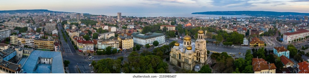 Varna, Bulgaria, May 10, 2020: Sunset view of the Dormition of the Theotokos Cathedral in Varna, Bulgaria
