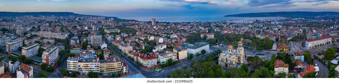 Varna, Bulgaria, May 10, 2020: Sunset view of the Dormition of the Theotokos Cathedral in Varna, Bulgaria