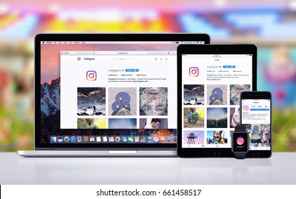 Varna, Bulgaria - May 23, 2017: Instagram On The Apple MacBook Pro, Instagram App On IPad Pro And On IPhone 7, Instagram Notification Icon On Apple Watch. Office Desk Responsive Concept.