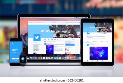 Varna, Bulgaria - May 23, 2017: Twitter On The Apple MacBook Pro, Twitter App On IPad Pro, Twitter Splash Screen With Logo On IPhone7 And Twitter Notification Icon On Apple Watch. Office Desk Concept.