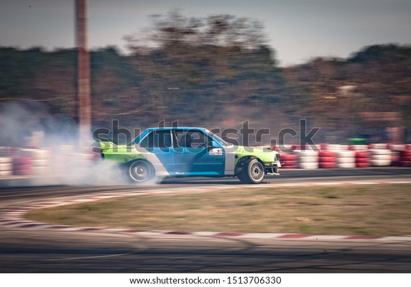 Varna, Bulgaria - October 14, 2018: Drift of\
Bulgaria. Challenge Battle BMW E30 Turbo with M power Engine. Full\
throttle drifting. Side view of one of the best drift cars ever.\
First session place