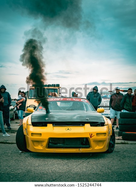 Varna, Bulgaria - October 14, 2018: Drift of
Bulgaria. Drift Nissan 200sx S13  Turbo Blown Engine. Full throttle
drifting with issue motor. Black smoke from exhaust. 200sx with
Mercedes diesel engine