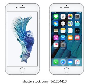 Varna, Bulgaria - October 24, 2015: Front View Of Silver Apple IPhone 6S With IOS 9 Mobile Operating System And Siamese Fighting Fish Dynamic Wallpaper On The Screen. Isolated On White.