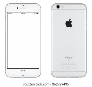 Varna, Bulgaria - October 24, 2015: Front View Of Silver Apple IPhone 6S Mockup With White Screen And Back Side With Apple Inc Logo. Isolated On White.