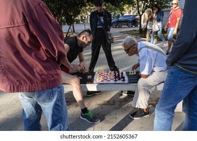 Varna, Bulgaria - September 3, 2021: Men playing chess on Independence Square in Varna