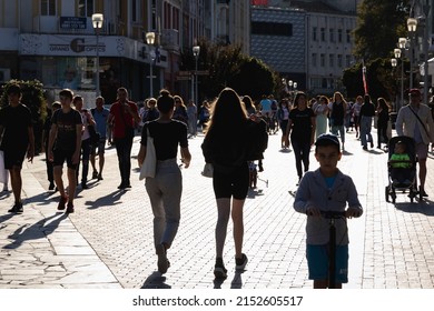 Varna, Bulgaria - September 3, 2021: Pedestrian walks on Prince Boris I street in Varna