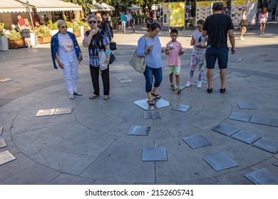 Varna, Bulgaria - September 3, 2021: People walks on Slivnitsa pedestrian street in Varna city