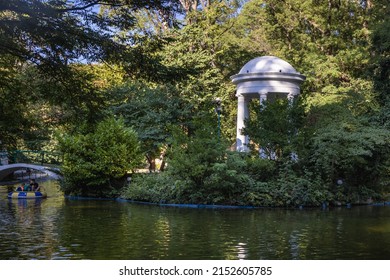 Varna, Bulgaria - September 3, 2021: Pond with gazebo in Sea Garden Park in Varna
