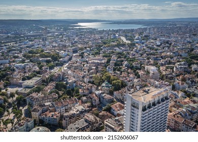 Varna, Bulgaria - September 3, 2021: Aerial view of Varna city, drone photo with Interhotel Cherno More Hotel