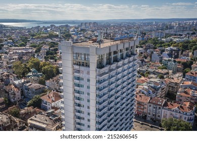 Varna, Bulgaria - September 3, 2021: Aerial drone view of Interhotel Cherno More Hotel in Varna