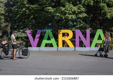 Varna, Bulgaria - September 3, 2021: Varna sign next to central entrance of Sea Garden Park in Varna