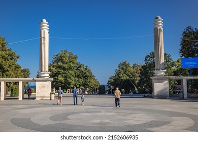 Varna, Bulgaria - September 3, 2021: Central entrance of Sea Garden Park on Slivnitsa Street in Varna