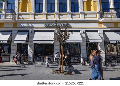 Varna, Bulgaria - September 3, 2021: Exterior of Starbucks cafe on Prince Boris I street in Varna