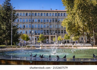 Varna, Bulgaria - September 3, 2021: Fountain in front of Court of Appeal on Independence Square in Varna city and seaside resort loca