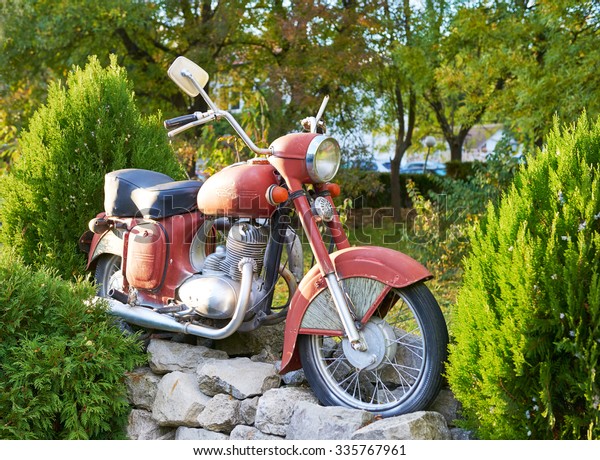 VARNA,BULGARIA, 20.01.2015: Old\
rusty motorcycle company JAVA in the park of the city of Varna in\
Bulgaria