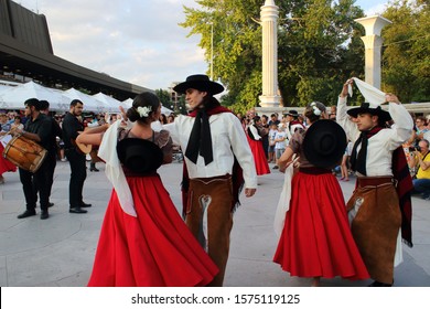 Varna,Bulgaria/August 1st 2019:Dancers from Ballet Folklórico Latinoamericano Santiago del Estero- Argentina performing national dance during the street parade closing event of 28th Folklore Festival