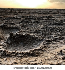 Varzaneh Desert In Iran, Summer. Moon Land. Dry Land. Dry Dirt. Crater. Moonland