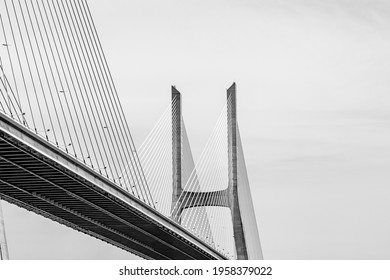 Vasco da Gama bridge in Lisbon, Portugal; cable stayed bridge flanked by viaducts and rangeviews that spans the Tagus river in Parque das Nacoes, the second longest bridge in Europe