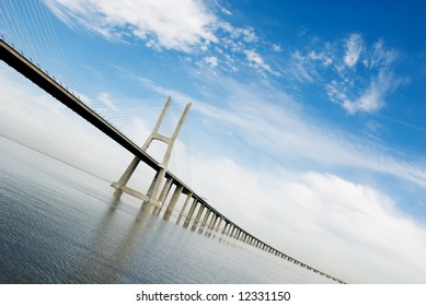 Vasco da Gama Bridge over the tagus river is the largest bridge in all Europe
