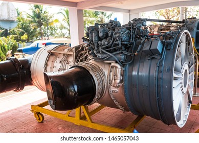 Vasco Da Gama, Goa, India - 03/09/2019: Close Up Sea Harrier Aircraft Engine On A Display, Large Twin Turbo Rolls Royce Pegasus, First Vertical Landing Engine By Bristol At Naval Aviation Museum