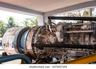 Vasco Da Gama, Goa, India - 03/09/2019: Close Up Sea Harrier Aircraft Engine On A Display, Large Twin Turbo Rolls Royce Pegasus, First Vertical Landing Engine By Bristol At Naval Aviation Museum