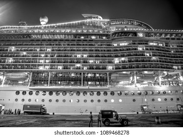 Vasco De Gama, Goa / India - April 19 2018: The Royal Carribean Mariner Of The Seas Ship Is Docked At The Vasco De Gama Port And Is Being Restocked. 