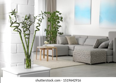 Vase With Bamboo Stems On Cabinet In Living Room, Space For Text