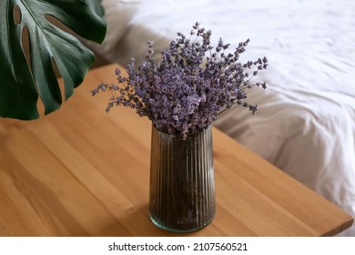 Vase With Beautiful Lavender Flowers In Bedroom