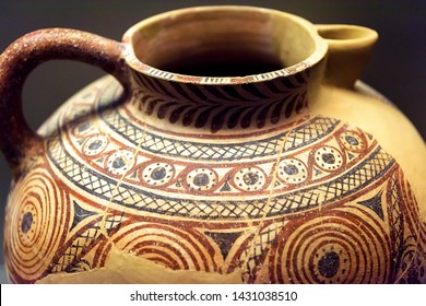 Vase From Excavations In Greece, Painted Archaeological Pottery. Ancient Greek Jug, Pot, Terracotta Ceramic With Ornament. Old Greek Patterned Crockery Close-up. Artifact, Antique And Mycenae Theme.