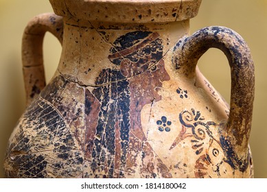 Vase From Excavations In Mycenae, Greece. Painted Archeological Pottery, Remains Of Ancient Greek Culture. Human Image On Terracotta Ceramic, Old Greek Patterned Pot Close-up. History And Art Concept