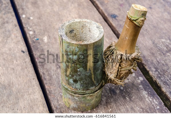 Vase Made Bamboo Sticks On Wooden Royalty Free Stock Image