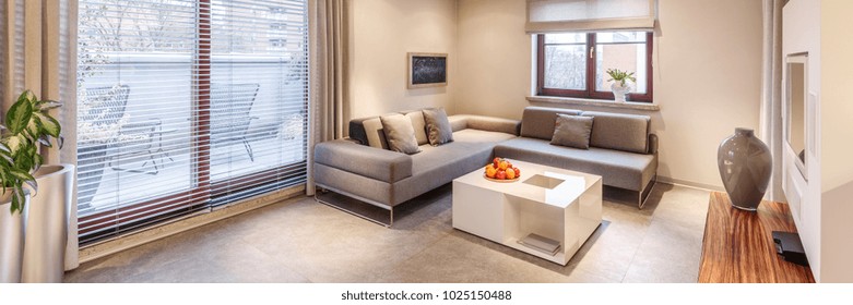 Vase on wooden cupboard in monochromatic apartment interior with corner sofa against the wall with a poster